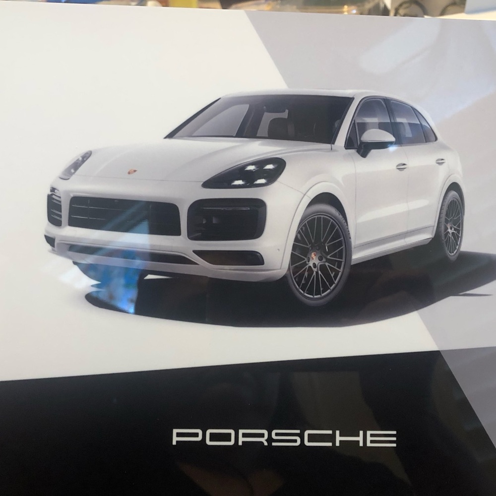 White Porsche Cayenne metal art in black gift box wirh Porsche logo